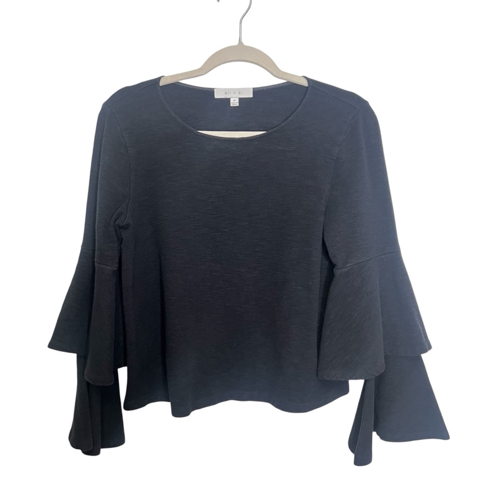 Eri & Ali Anthropologie Top Tiered Ruffle Bell Sleeves Black Sz M Flirty Girly